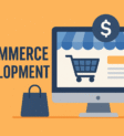 Illustration of e-commerce development showing a shopping cart on a computer screen, gear, dollar icon, and shopping bag.