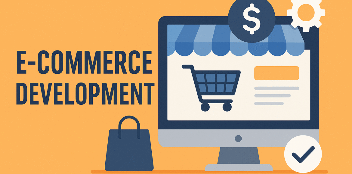 E-Commerce Development Illustration Illustration of e-commerce development showing a shopping cart on a computer screen, gear, dollar icon, and shopping bag.