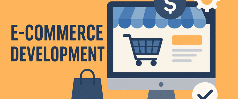 Illustration of e-commerce development showing a shopping cart on a computer screen, gear, dollar icon, and shopping bag.
